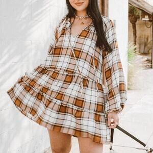 Show Me Your Mumu Tan Plaid Birdie Mini Swing Dress Size XL